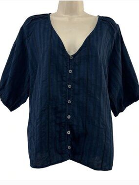 LOFT Navy Blue Button-Up Women's Dobby Bubble Sleeve Mixed Media Blouse Size XL